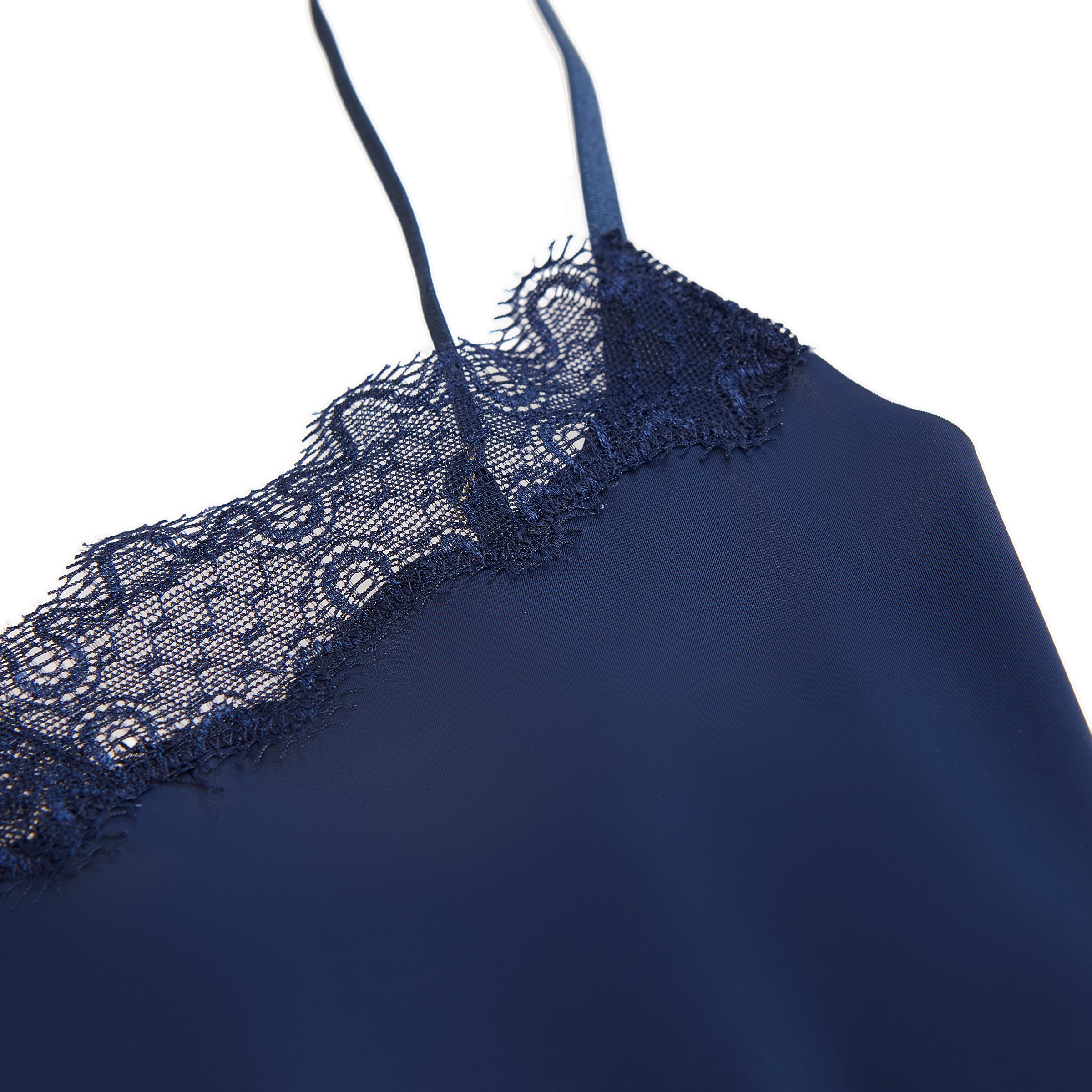Dress blue soft seamless lace-trimmed camisole against white background.