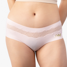 A pair of soft seamless briefs with lace detailing and customized letters on white background.