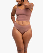 Model wearing the Toffee No-Brainer Brief against a white background