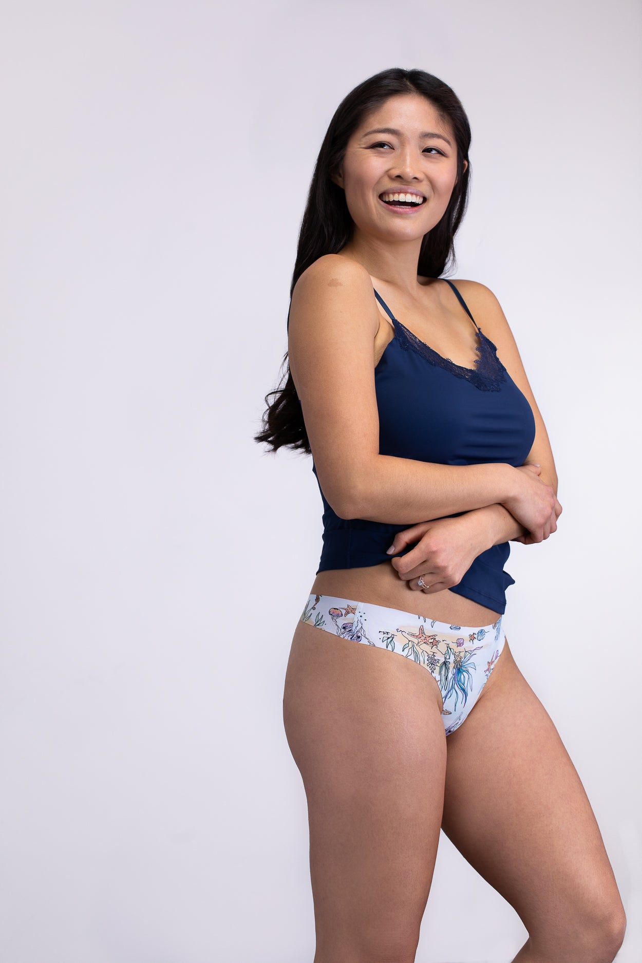 Sea Print Soft Seamless thong on white background.