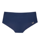 A pair of dress blue soft seamless briefs with lace detailing white background.