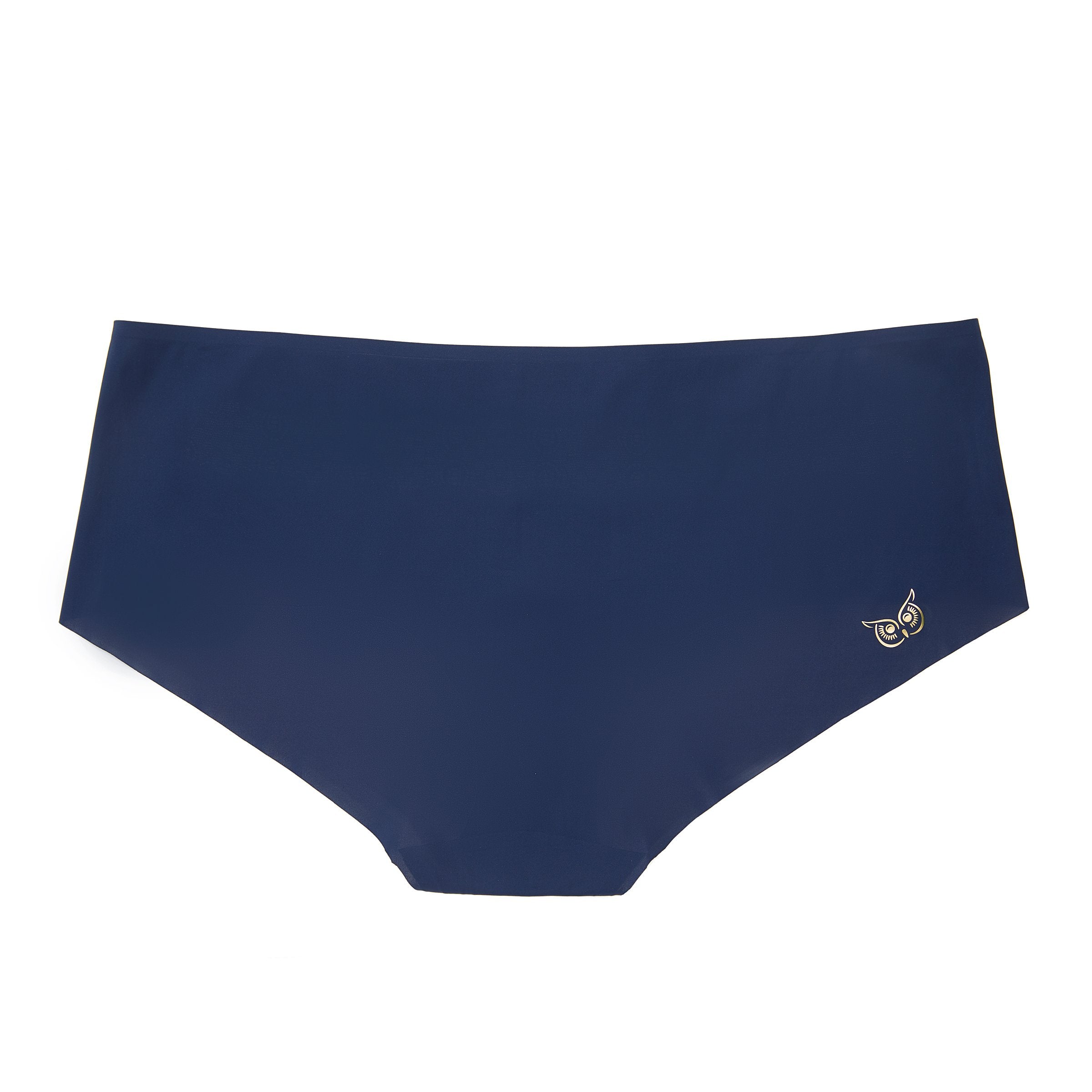 A pair of dress blue soft seamless briefs with lace detailing white background.