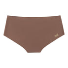 A pair of toffee soft seamless briefs with lace detailing white background.