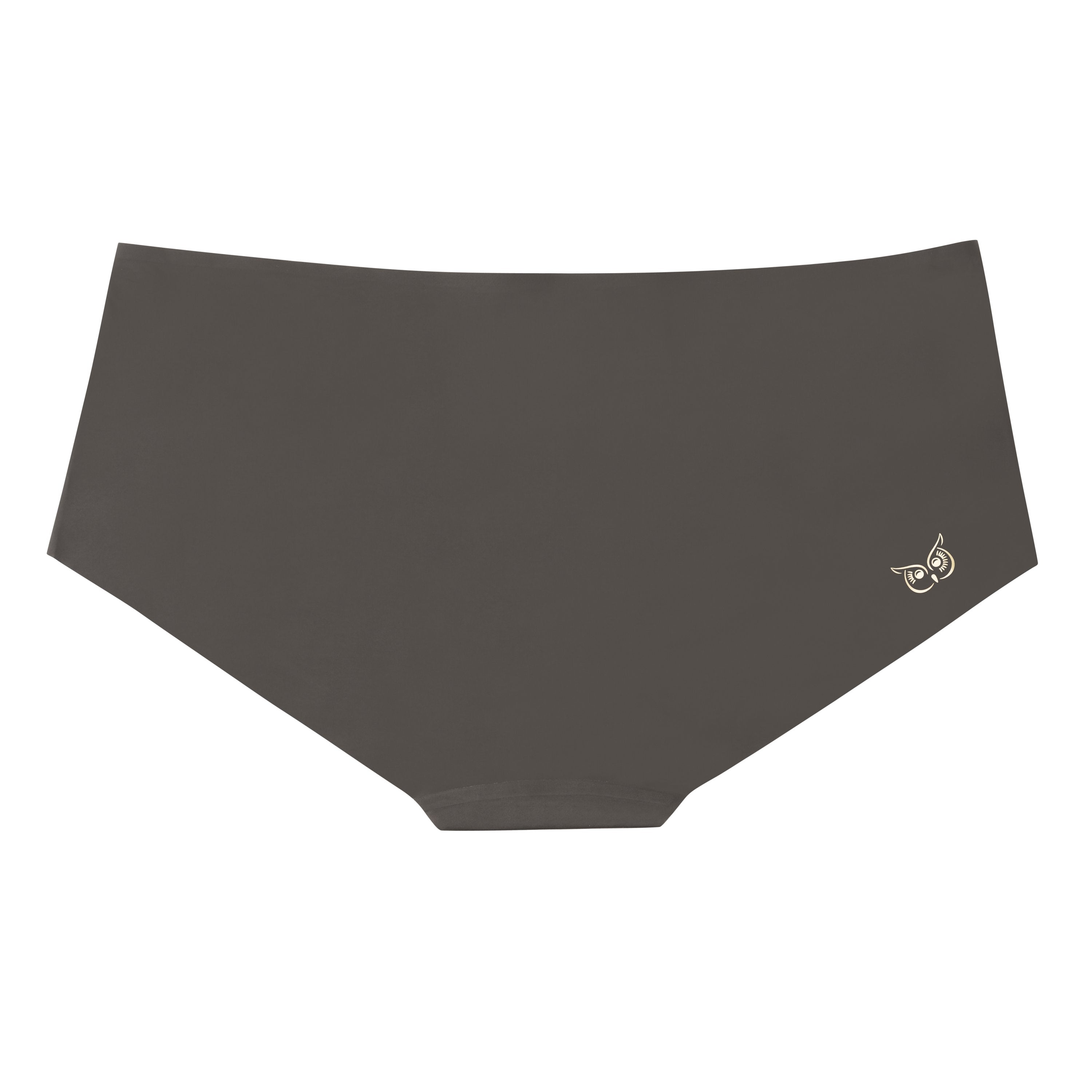 A pair of toffee soft seamless briefs with lace detailing white background.