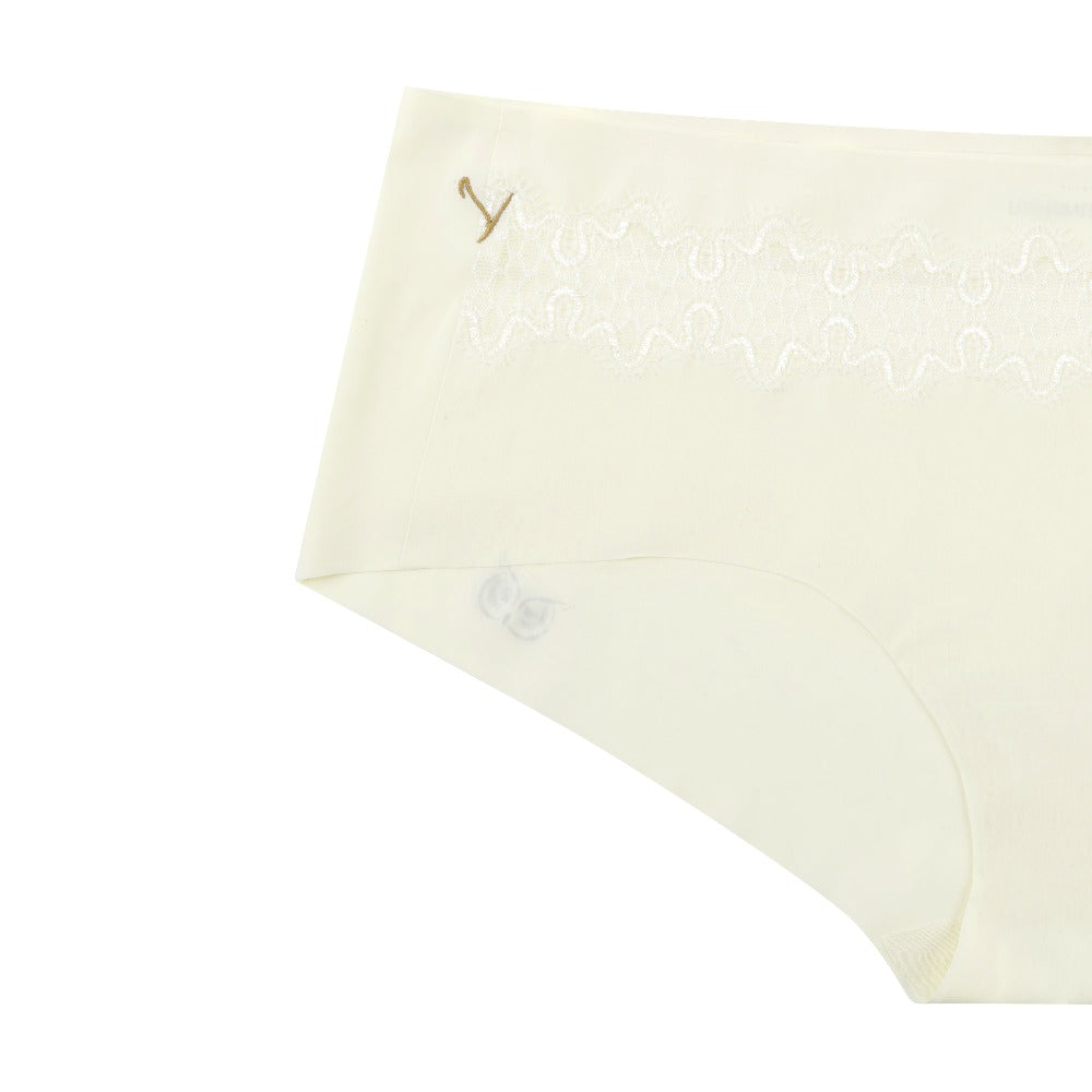 A pair of winter white soft seamless briefs with lace detailing white background.